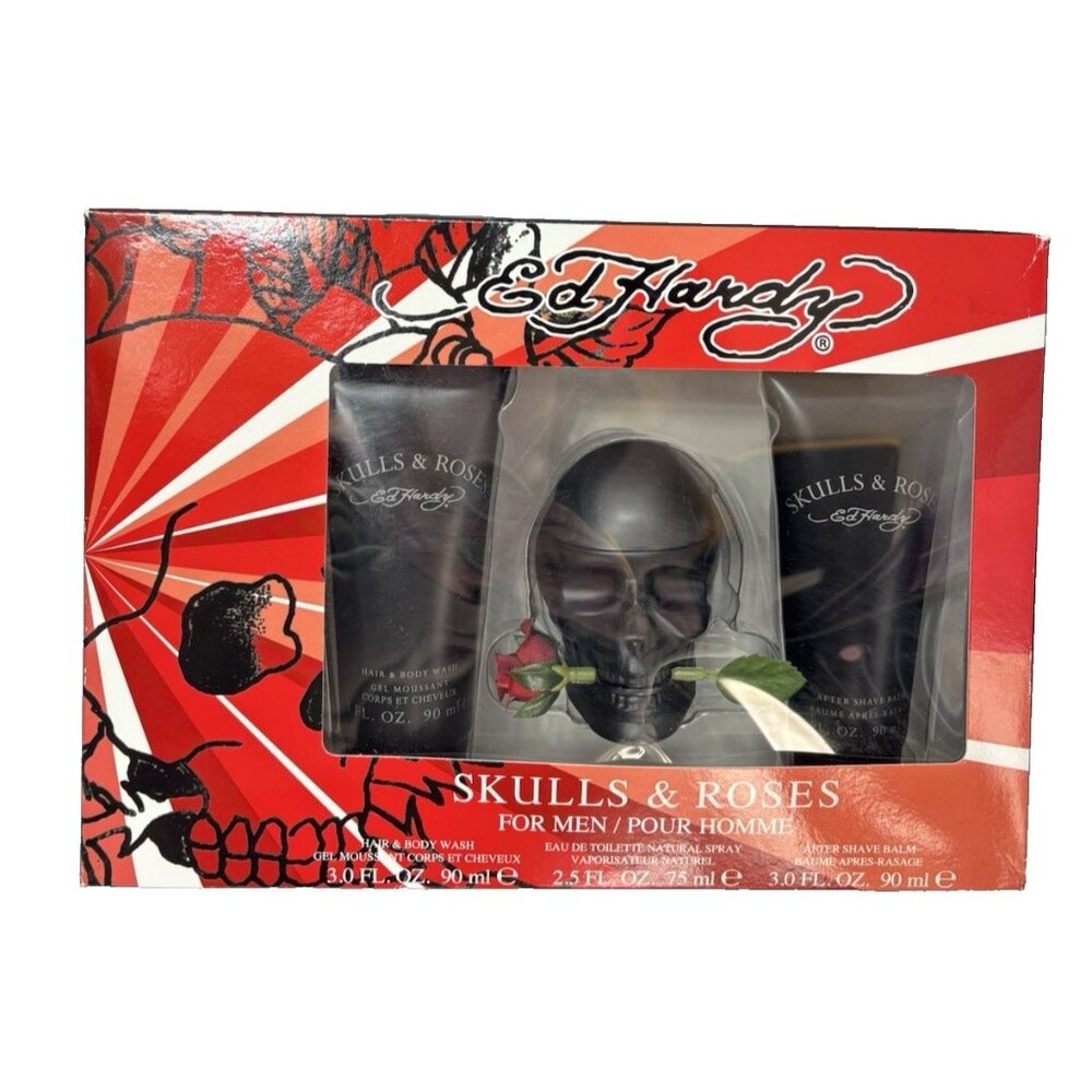 Ed Hardy Skulls & Roses Fragrance for Men Gift Set EDT 75ml ,After Balm 90ml Was